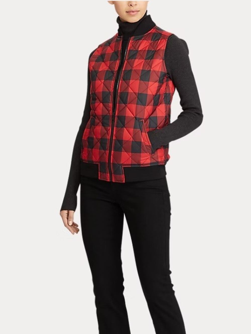 Ralph Lauren Women's Sz L Buffalo Check Quilted Vest Red/Black Multi Cabin